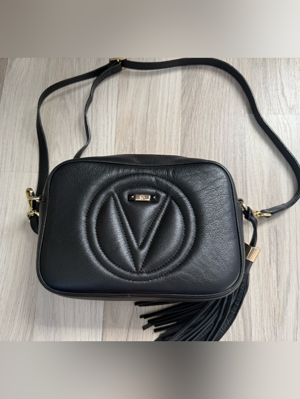 Mario Valentino Black Quilted V Logo Crossbody Bag with Tassel